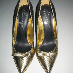 Pencey Balina Gold Snakeskin Pumps Size 8 Stiletto Pointed Toe Metal Heel